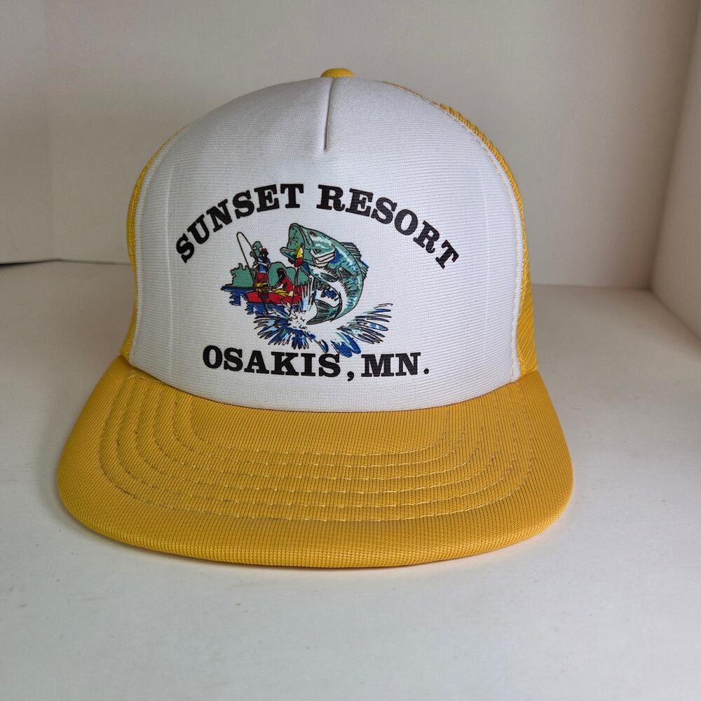 Vintage 80s Sunset Resort Osakis MN Trucker Hat Yellow White Foam Snapback